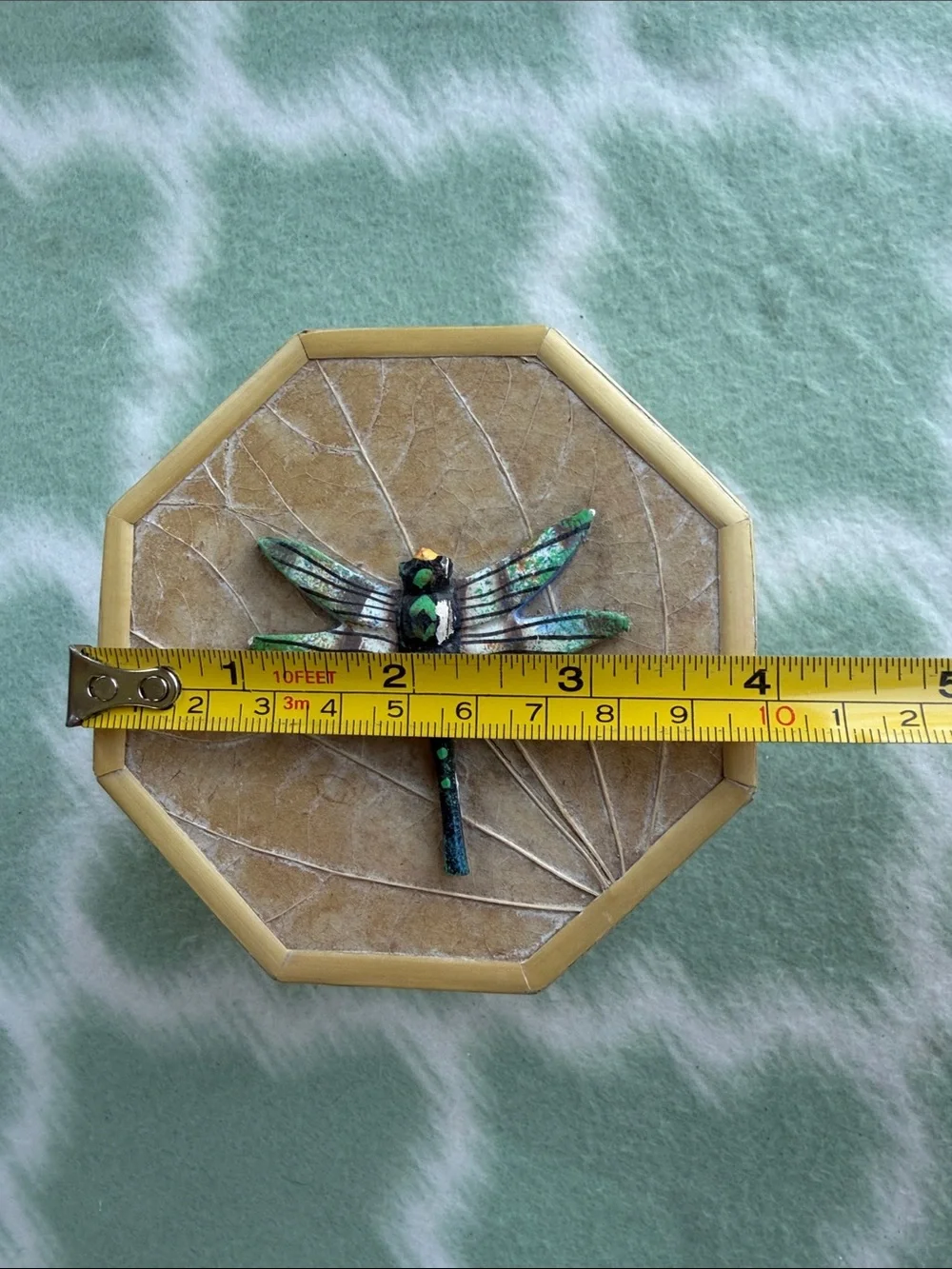 Octagonal Decorative Box with Dragonfly Accent - Beige and Green